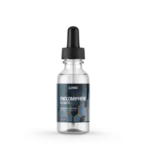 Enclomiphene Citrate research chemical in a glass dropper bottle for laboratory use only.